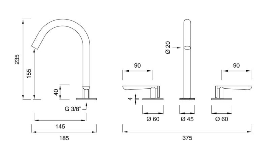 Смеситель для раковины CEA Design Lutezia, на 3 отверстия, поворотный излив, H. 235 мм, сталь, цвет Black Diamond сатинированный - изображение 4