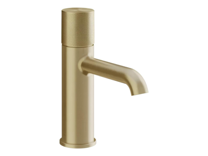 На изображении товар Смеситель для раковины Gessi Habito Diamantato, без донного клапана, с соединительными шлангами, цвет Brushed Brass PVD от официального представителя в Москве
