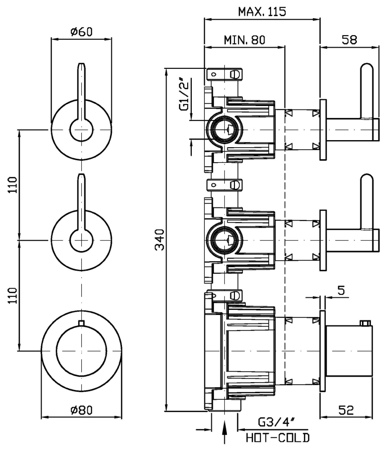 Термостат для душа Zucchetti Isy22, встраиваемый, с 2-я запорными вентилями, вертикально/горизонтальная установка, внешняя часть, цвет брашированное британское золотое PVD - изображение 1