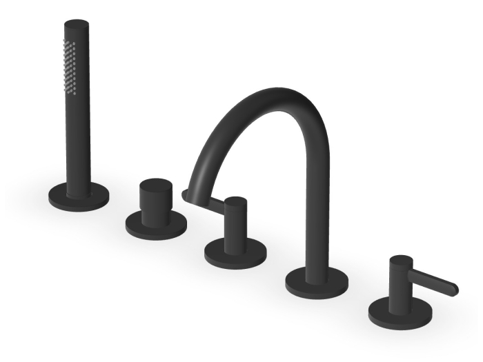 На изображении товар Смеситель на борт ванны Zucchetti Isy22, на 5 отверстий, с поворотным изливом, с ручным душем со шлангом, цвет Matt black от официального представителя в Москве