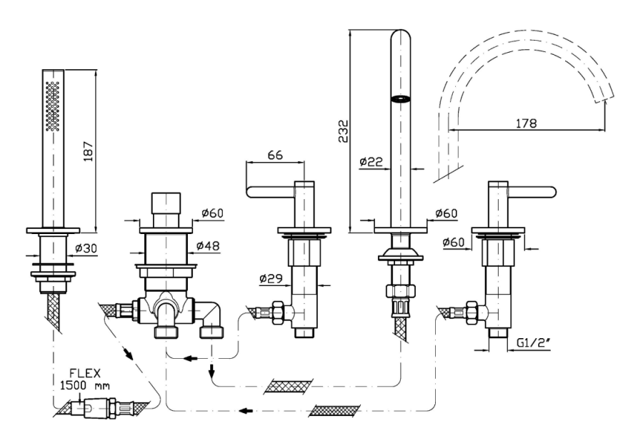 Смеситель на борт ванны Zucchetti Isy22, на 5 отверстий, с поворотным изливом, с ручным душем со шлангом, цвет Matt black - изображение 1