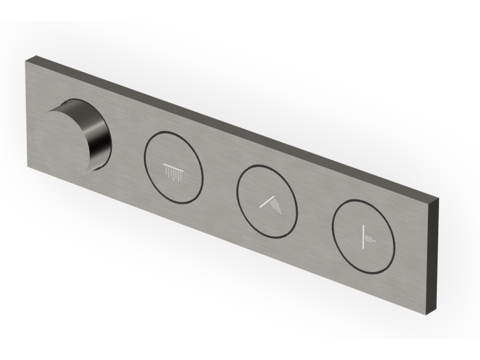 На изображении товар Термостат Zucchetti Hoop, для душа, встраиваемый, горизонтальный/вертикальный монтаж, на 3 потребителя, внешняя часть, цвет Brushed Metal Black от официального представителя в Москве
