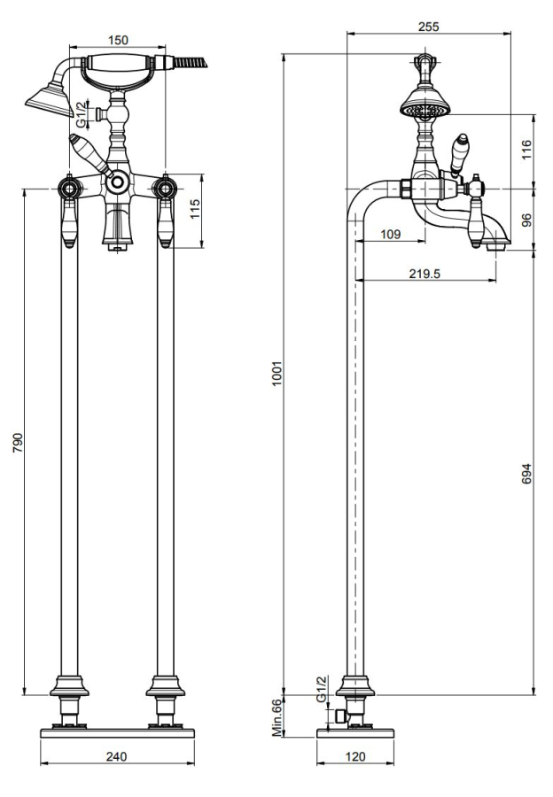 Смеситель для ванны Carlo Frattini Herend, напольный, с душевым комплектом, керамическими ручками, Н-1001 мм, внешняя часть, цвет бронза античная - изображение 1