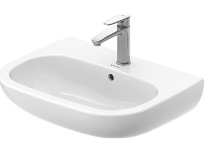 На изображении товар Раковина Duravit D-Code, 600x460 мм, с переливом, 1 отверстие смесителя, цвет белый от официального представителя в Москве