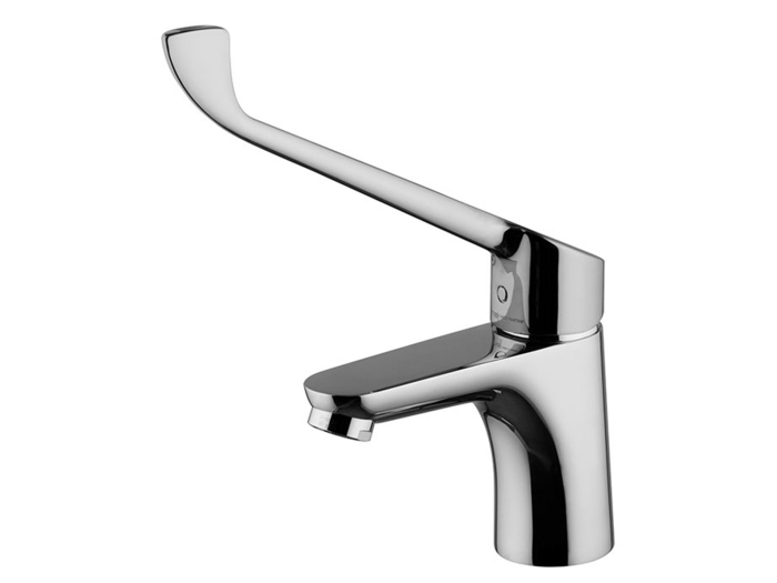 На изображении товар Смеситель для раковины Carlo Frattini Collettività, для лечебных учреждений, однорычажный, с энергосберегающим картриджем, донным клапаном Click-Clack, гибкими шлангами, Н-227 мм, цвет черный матовый от официального представителя в Москве