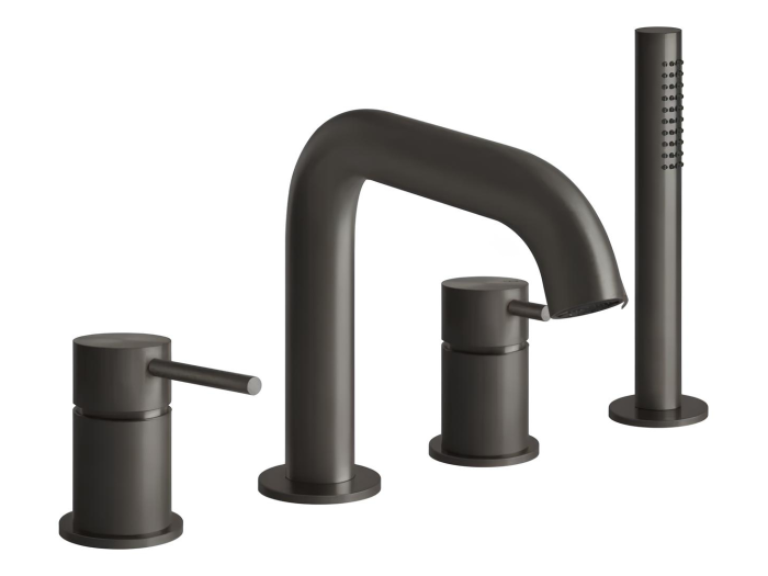 На изображении товар Смеситель для ванны Gessi316, на борт ванны, с выдвижным ручным душем, на 4 отверстия, цвет Black Metal Brushed PVD от официального представителя в Москве