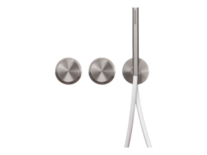 На изображении товар Термостат CeaDesign Giotto, настенный, на 3 отверстия, ручной душ Ø 80 мм, шланг в стальной оплетке, внешняя часть, сталь, цвет сатинированная сталь от официального представителя в Москве