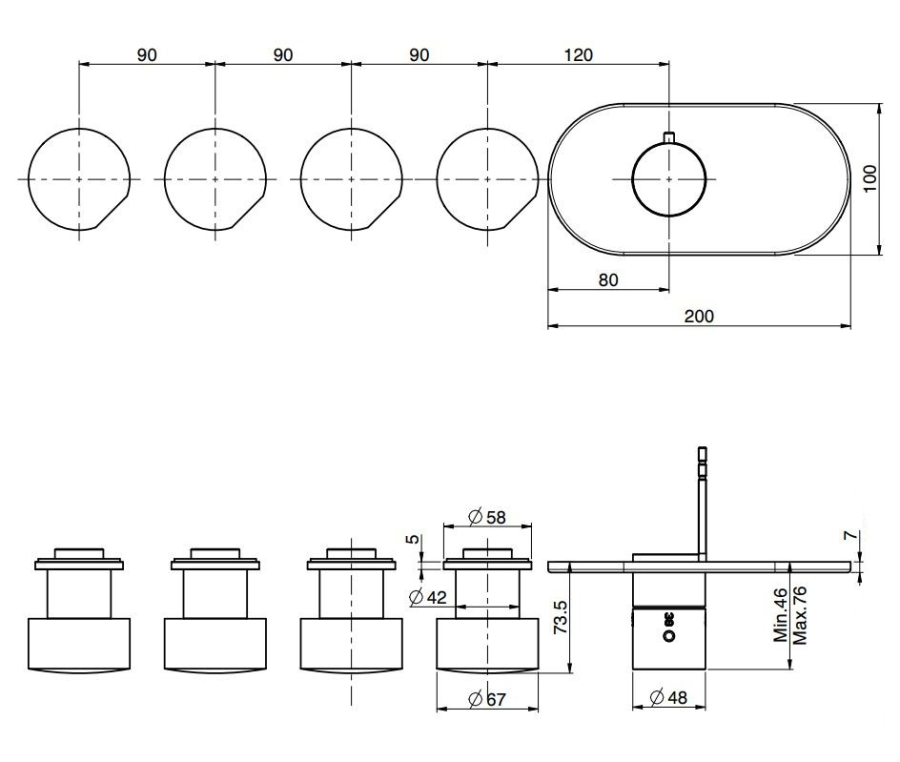 Термостат Carlo Frattini SO, без ручек, с 4 запорными вентилями, горизонтальная/вертикальная установка, ширина 100 мм, внешняя часть, цвет чёрный матовый - изображение 1