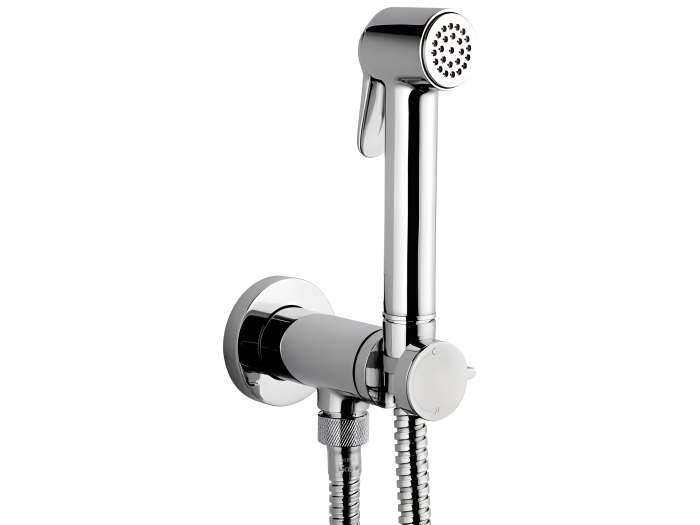 На изображении товар Гигиенический комплект Bossini Paloma Brass Mixer Set : смеситель прогрессивный, душ с кнопкой подачи воды, шланг 125 см, держатель, цвет хром от официального представителя в Москве