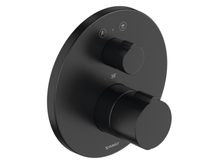 На изображении товар Термостатический смеситель для душа Duravit C.1 внешняя часть, 2 выпуска, круглая накладка, цвет чёрный матовый от официального представителя в Москве