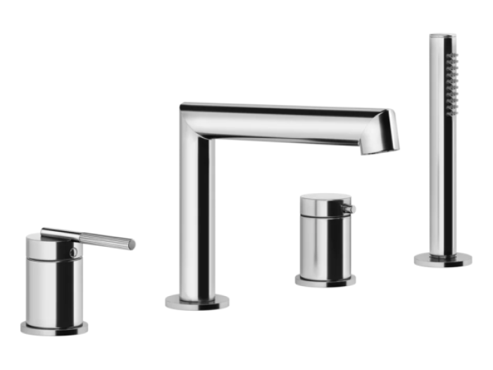 На изображении товар Смеситель для ванны Gessi Ingranaggio, на 4 отверстия, с каскадным изливом, переключатель, шланг, лейка, цвет Chrome от официального представителя в Москве