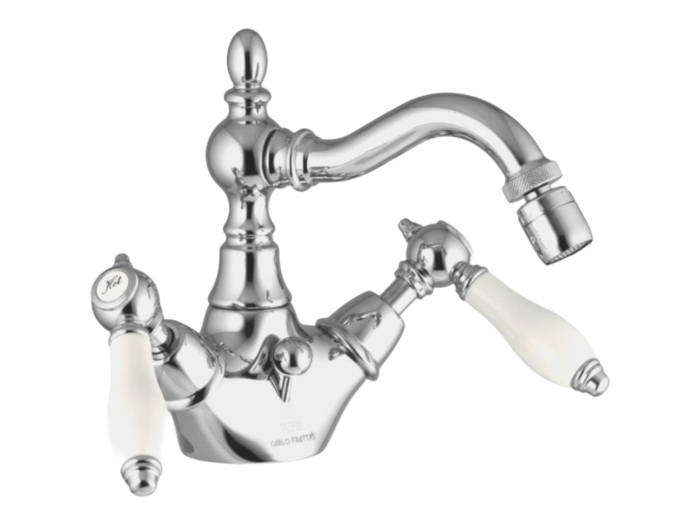 На изображении товар Смеситель на биде Carlo Frattini Herend, с вращающимся изливом, 2 гибкими шлангами, донным клапаном 1"1/4 с переливом, керамическими ручками, цвет никель брашированный от официального представителя в Москве