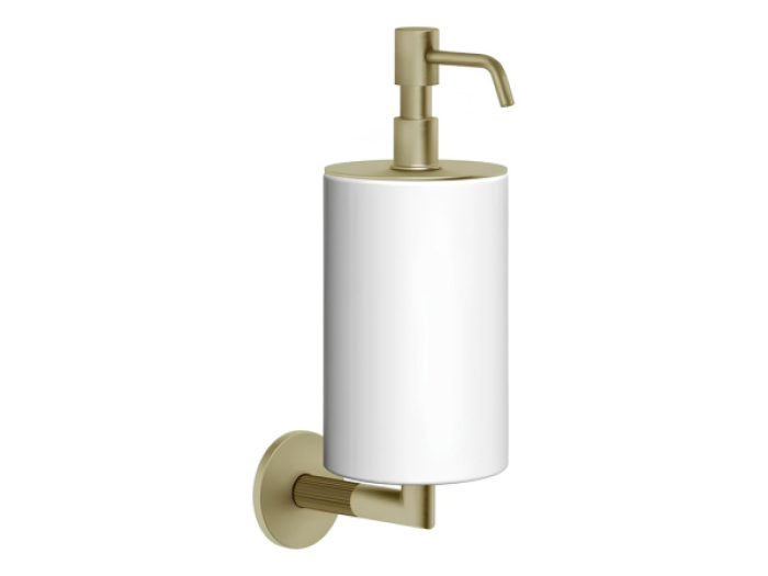 На изображении товар Дозатор для жидкого мыла Gessi Ingranaggio, настенный, цвет White/Brushed Brass PVD от официального представителя в Москве