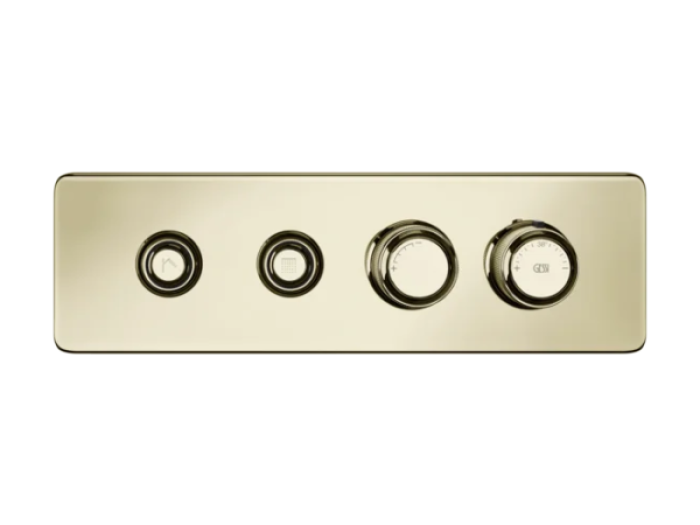 На изображении товар Термостат Gessi HI-FI, до 2 функций одновременно, с кнопками вкл/выкл, внешняя часть, цвет Brass PVD от официального представителя в Москве