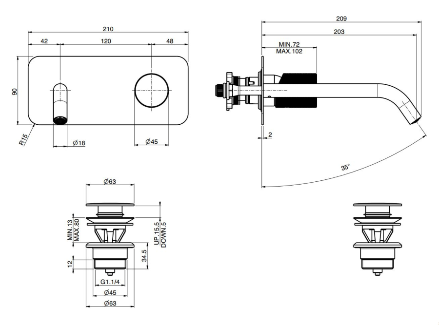 Смеситель для раковины Carlo Frattini Spillo Tech, настенный, с донным клапаном Click-Clack, излив 200 мм, внешняя часть, цвет золото - изображение 3