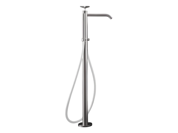 На изображении товар Смеситель для ванны CeaDesign Cross, напольный, прогрессивный, с ручным душем и шлангом в цвете Antracite Grey, внешняя часть, цвет сатинированная сталь от официального представителя в Москве