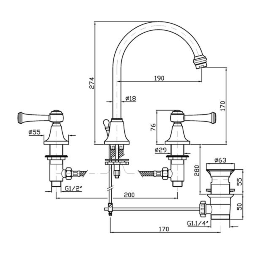 Смеситель для раковины Zucchetti Agora Classic, на 3 отверстия, неподвижный излив, ручки-рычаги, аэратор, донный клапан, цвет хром - изображение 2