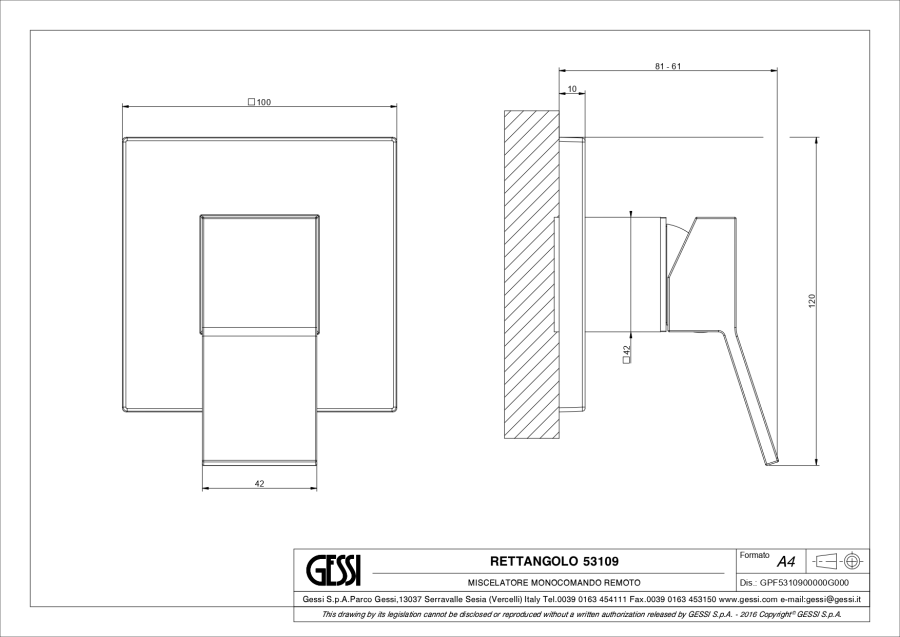 Смеситель Gessi Rettangolo K, настенный, однорычажный, на 1 выход, внешняя часть, цвет Finox Brushed Nickel - изображение 1