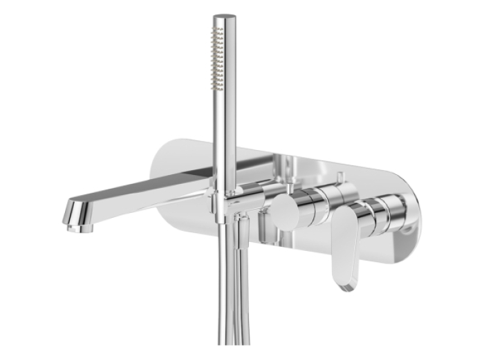 На изображении товар Смеситель для ванны Newform Nio, настенный, встраиваемый, с изливом, переключатель на 2 выхода, ручной душ, внешняя часть, цвет хром от официального представителя в Москве