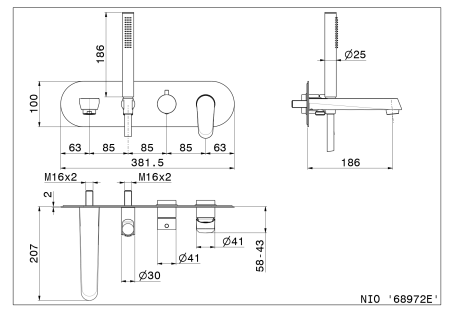 Смеситель для ванны Newform Nio, настенный, встраиваемый, с изливом, переключатель на 2 выхода, ручной душ, внешняя часть, цвет хром - изображение 1