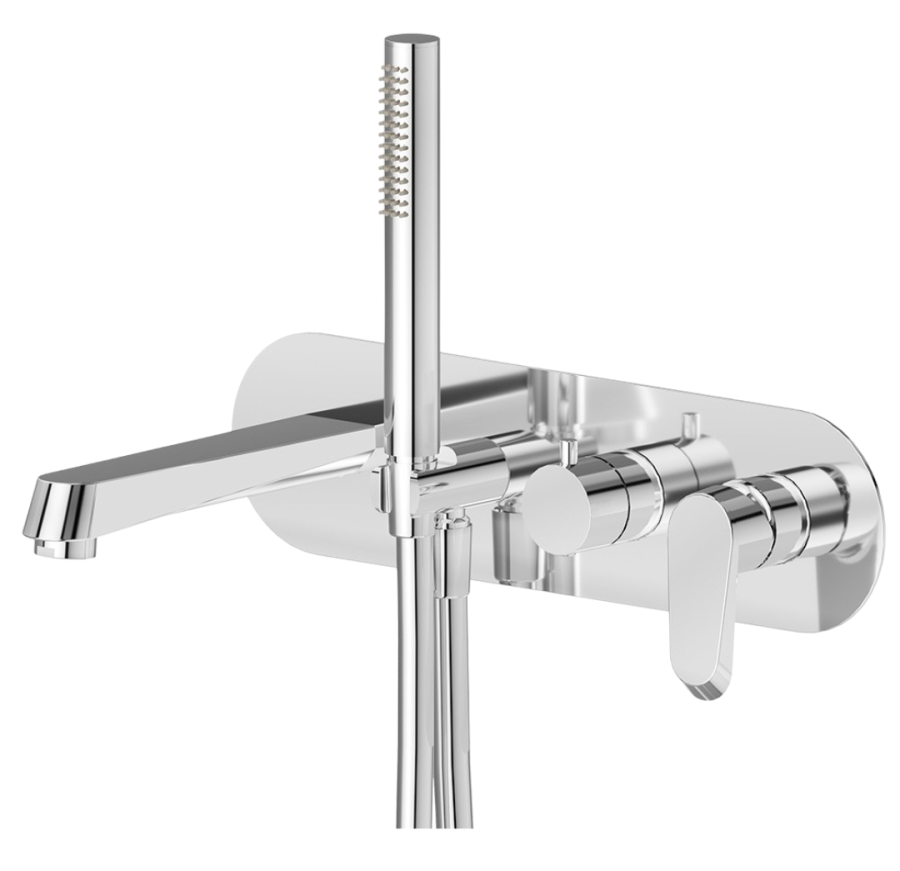 Смеситель для ванны Newform Nio, настенный, встраиваемый, с изливом, переключатель на 2 выхода, ручной душ, внешняя часть, цвет хром