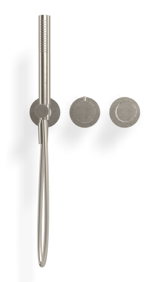 Смеситель для душа Carlo Frattini Spillo Tech, ручка V Collection, на 2 потребителя, с ручным душем, гибким шлангом хромалюкс 1500 мм, внешняя часть, цвет никель брашированный - изображение 1