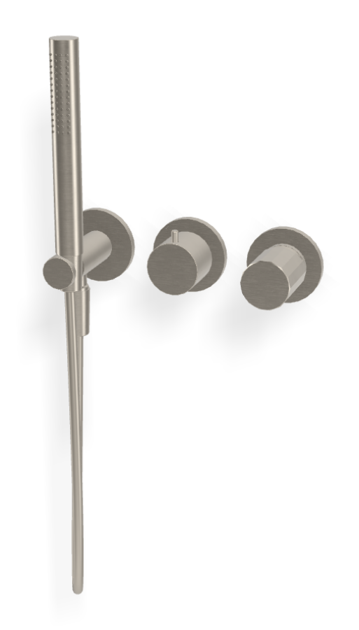 Смеситель для душа Carlo Frattini Spillo Tech, ручка V Collection, на 2 потребителя, с ручным душем, гибким шлангом хромалюкс 1500 мм, внешняя часть, цвет никель брашированный