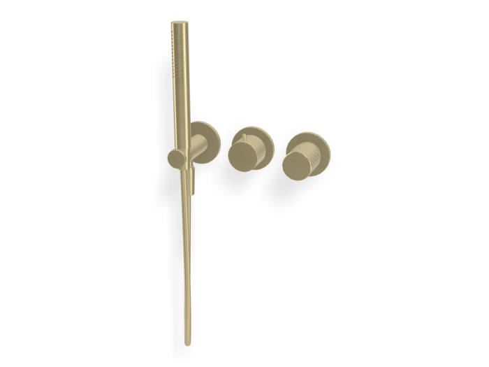 На изображении товар Смеситель для душа Carlo Frattini Spillo Tech, ручка X Collection, на 2 потребителя, с ручным душем, гибким шлангом хромалюкс 1500 мм, внешняя часть, цвет брашированная шампань от официального представителя в Москве