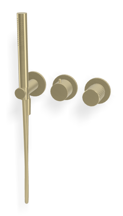 Смеситель для душа Carlo Frattini Spillo Tech, ручка X Collection, на 2 потребителя, с ручным душем, гибким шлангом хромалюкс 1500 мм, внешняя часть, цвет брашированная шампань