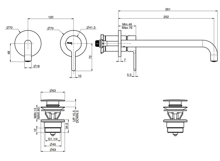 Смеситель для раковины Carlo Frattini Snap, настенный, однорычажный, с донным клапаном Click-Clack, излив 250 мм, внешняя часть, цвет брашированная шампань - изображение 3