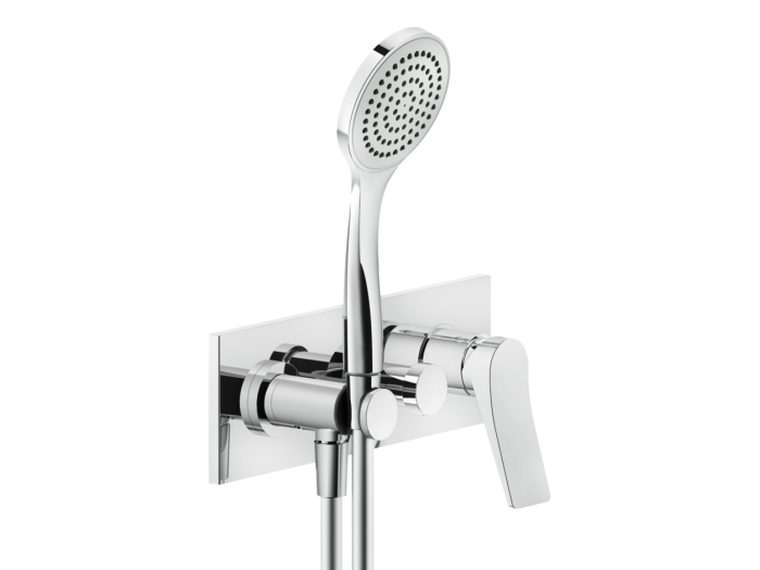 На изображении товар Смеситель для душа Gessi Rilievo, на 2 выхода с переключателем, подводом воды, держателем душевой лейки, лейкой и шлангом, цвет Chrome от официального представителя в Москве