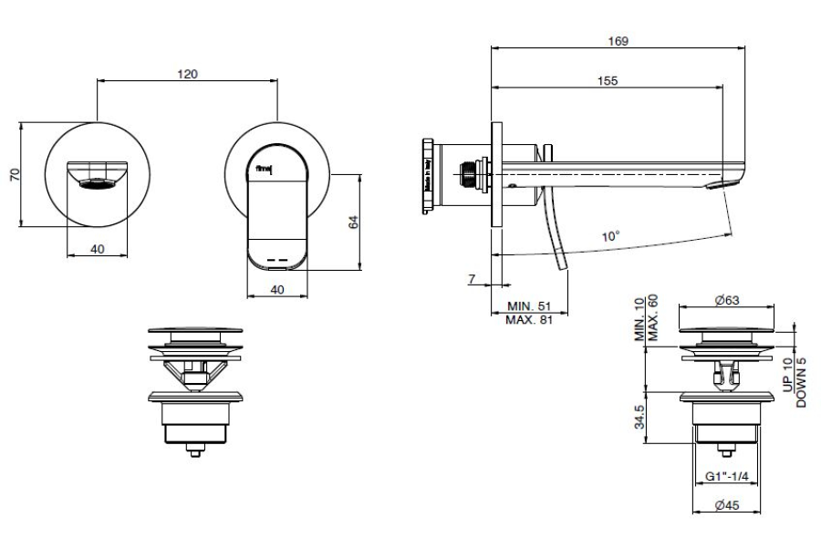 Смеситель для раковины Carlo Frattini Flo, настенный, с донным клапаном Click-Clack, L-169 мм, внешняя часть, цвет брашированная янтарная бронза - изображение 3