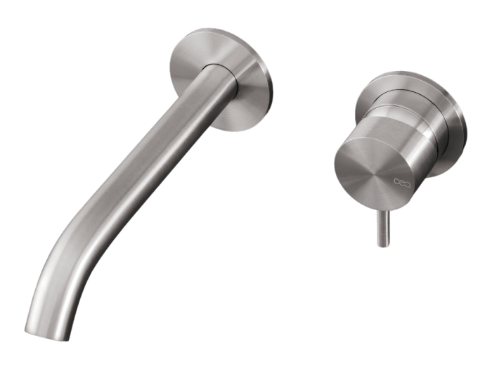 На изображении товар Смеситель для раковины CeaDesign Milo360, настенный, на 2 отверстия, излив L. 185 мм, внешняя часть, сталь, цвет сатинированное светлое золото от официального представителя в Москве