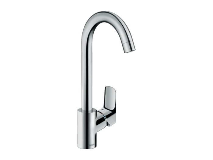 На изображении товар Смеситель для кухни Hansgrohe Logis, однорычажный, угол поворота излива: регулировка на 3 уровня, на 110°, 150° или 360°, цвет Хром от официального представителя в Москве