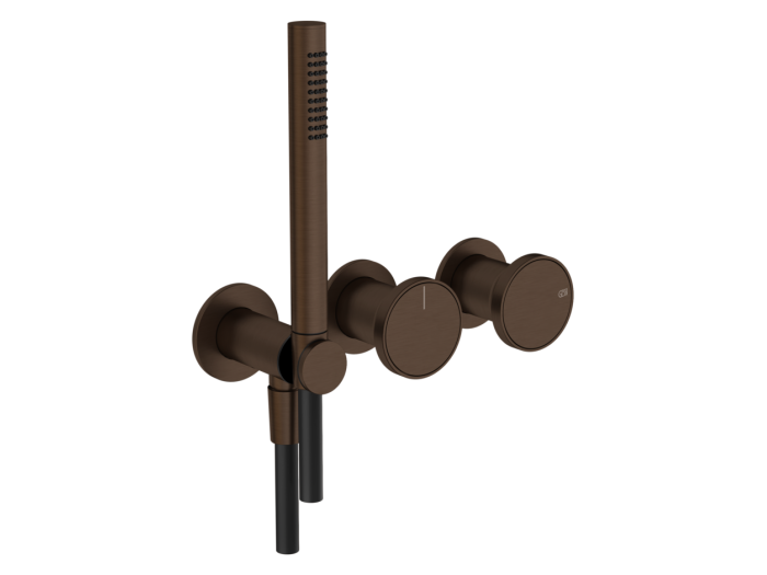 На изображении товар Смеситель Gessi Origini, настенный на 2 позиции, с переключателем, подводом воды, держателем лейки, внешние части, цвет Dark Bronze от официального представителя в Москве