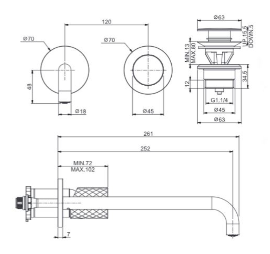 Смеситель для раковины Carlo Frattini Spillo Tech, ручка X Collection, настенный, с донным клапаном Click-Clack, излив 250 мм, внешняя часть, цвет никель брашированный - изображение 3