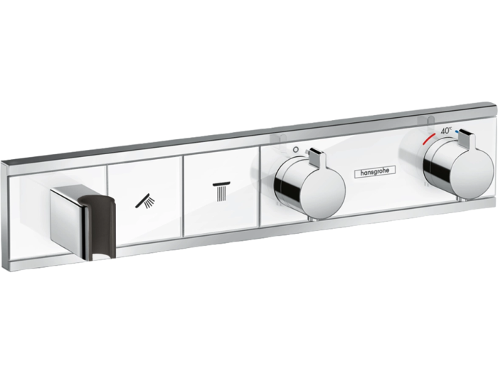 На изображении товар Термостат Hansgrohe RainSelect скрытого монтажа, для 2-х потребителей, встроенный держатель душа, цвет белый/хром от официального представителя в Москве