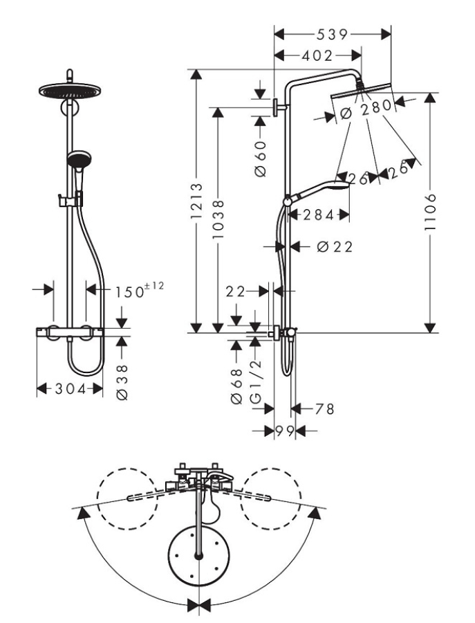 Душевая система Hansgrohe Croma Select 280 Air 1jet Showerpipe, с термостатом, цвет хром - изображение 4