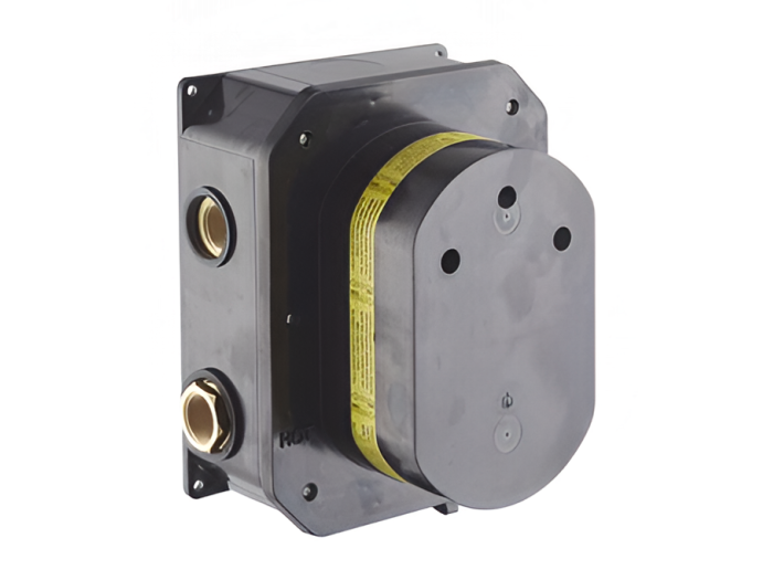 На изображении товар Встроенная часть термостатического смесителя Newform Blink, с регулятором температуры и двумя переключателями вкл/выкл, скрытая часть от официального представителя в Москве