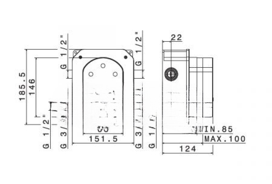 Встроенная часть термостатического смесителя Newform Blink, с регулятором температуры и двумя переключателями вкл/выкл, скрытая часть - изображение 2