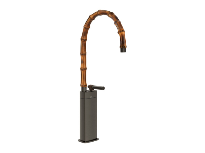 На изображении товар Смеситель для раковины Gessi Jacqueline высокий, со средним поворотным изливом, металлическим вентилем, без донного клапана Black Metal Brushed PVD от официального представителя в Москве