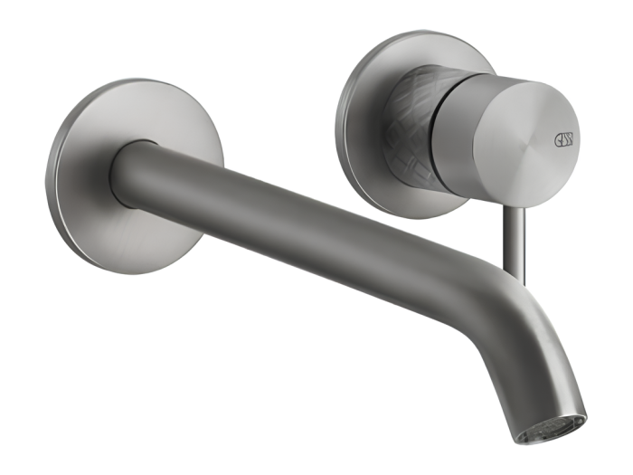 На изображении товар Смеситель для раковины Gessi316, настенный с длинным изливом, без донного клапана, внешние части, цвет Steel Brushed от официального представителя в Москве