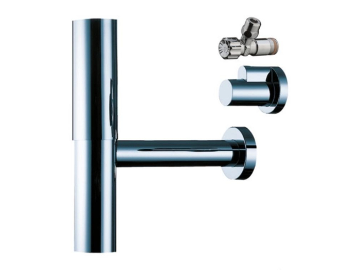 На изображении товар Набор Hansgrohe Flowstar, состоящий из декоративного сифона для раковины, 2-х угловых вентилей и 2-х декоративных накладок на вентили, цвет хром от официального представителя в Москве