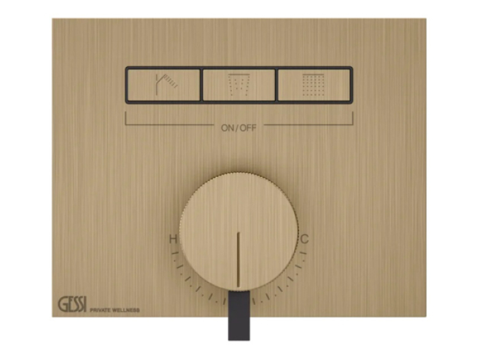 На изображении товар Смеситель Gessi Hi-Fi, однорычажный, до 3-х функций одновременно, с кнопками вкл/выкл, встраиваемый, внешняя часть, цвет Warm Bronze Brushed PVD от официального представителя в Москве