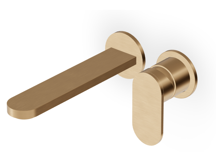 На изображении товар Смеситель Zucchetti Octo, для раковины, встраиваемый, на 2 отверстия, излив 180 мм, с аэратором, внешняя часть, цвет Brushed British Gold PVD от официального представителя в Москве