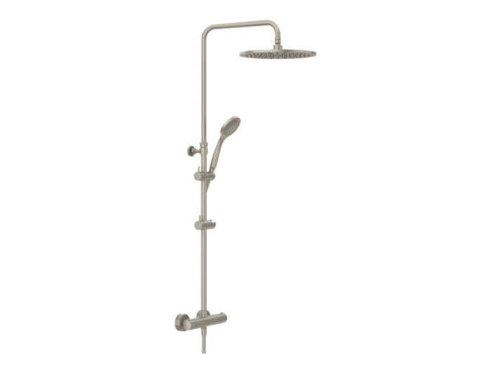 На изображении товар Душевая система Gessi Minimalistic Shower, настенный термостат, стойка с верхним душем Ø300 мм, автоматический переключатель, шланг, ручная лейка, цвет Finox Brushed Nickel от официального представителя в Москве