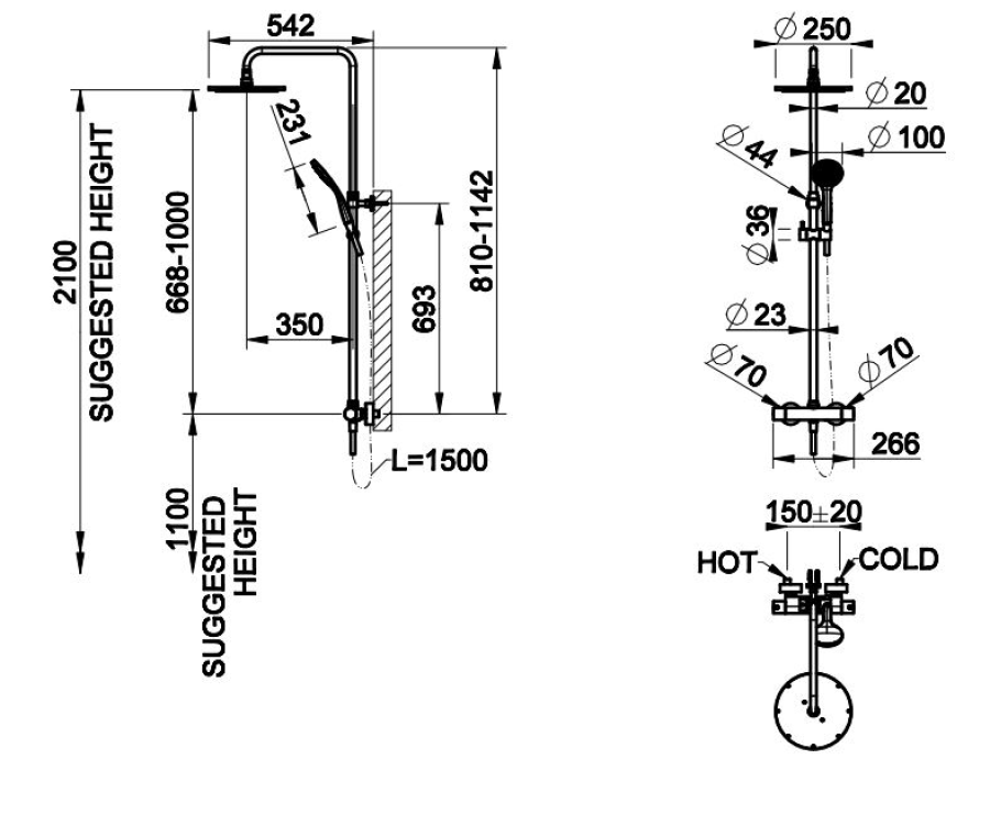 Душевая система Gessi Minimalistic Shower, настенный термостат, стойка с верхним душем Ø300 мм, автоматический переключатель, шланг, ручная лейка, цвет Finox Brushed Nickel - изображение 1