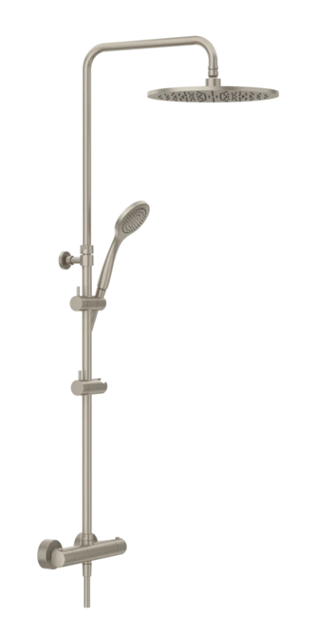 Душевая система Gessi Minimalistic Shower, настенный термостат, стойка с верхним душем Ø300 мм, автоматический переключатель, шланг, ручная лейка, цвет Finox Brushed Nickel