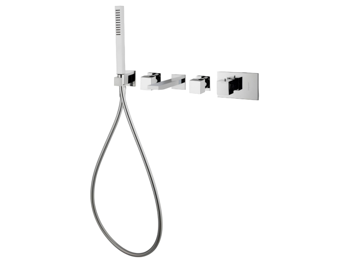 На изображении товар Термостат Carlo Frattini Fimatherm, на 2 потребителя, с ручным душем и держателем, шлангом хромалюкс 1500 мм, ширина 527 мм, внешняя часть, цвет чёрный матовый от официального представителя в Москве