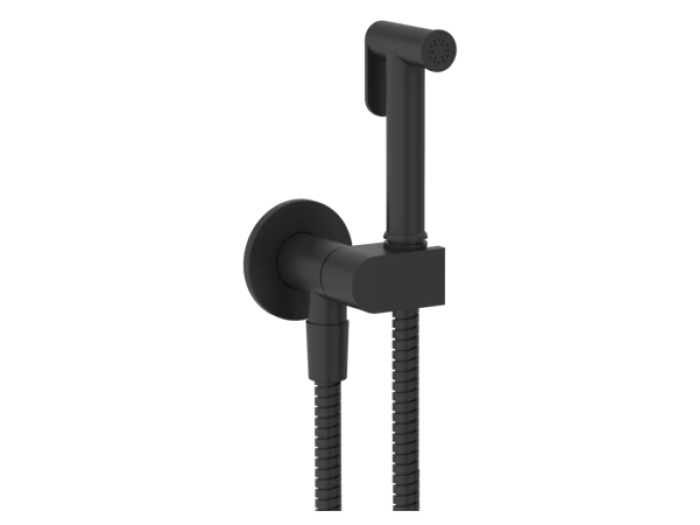 На изображении товар Гигиенический душ Gessi Tondo, с предохранительным клапаном, с лейкой, шлангом, шланговым подсоединением и держателем лейки, ширина 75 мм, цвет Matte Black от официального представителя в Москве